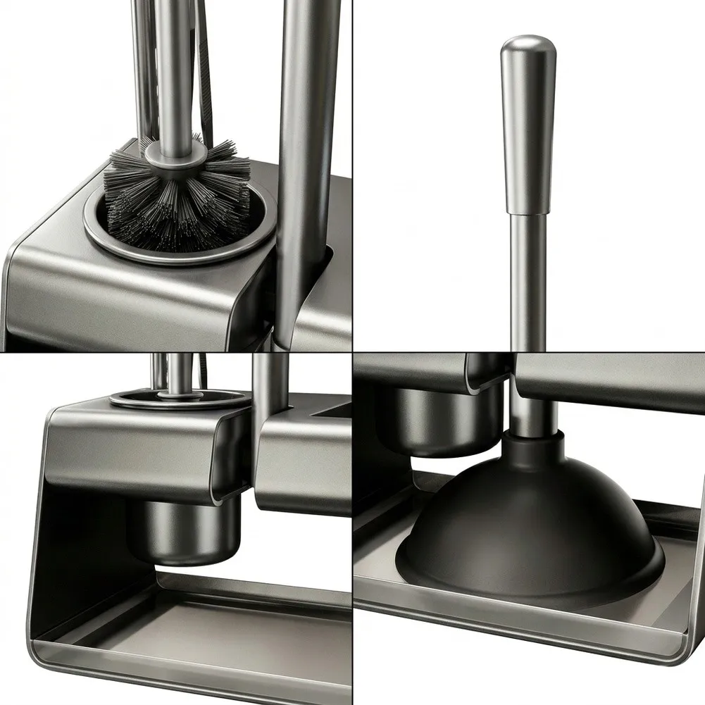 3 in 1 Carbon Steel Wall Mounted Toilet Brush Holder with Plunger and For cleaning Brush 24.5 15.5 40 cm for gunmetal Gray