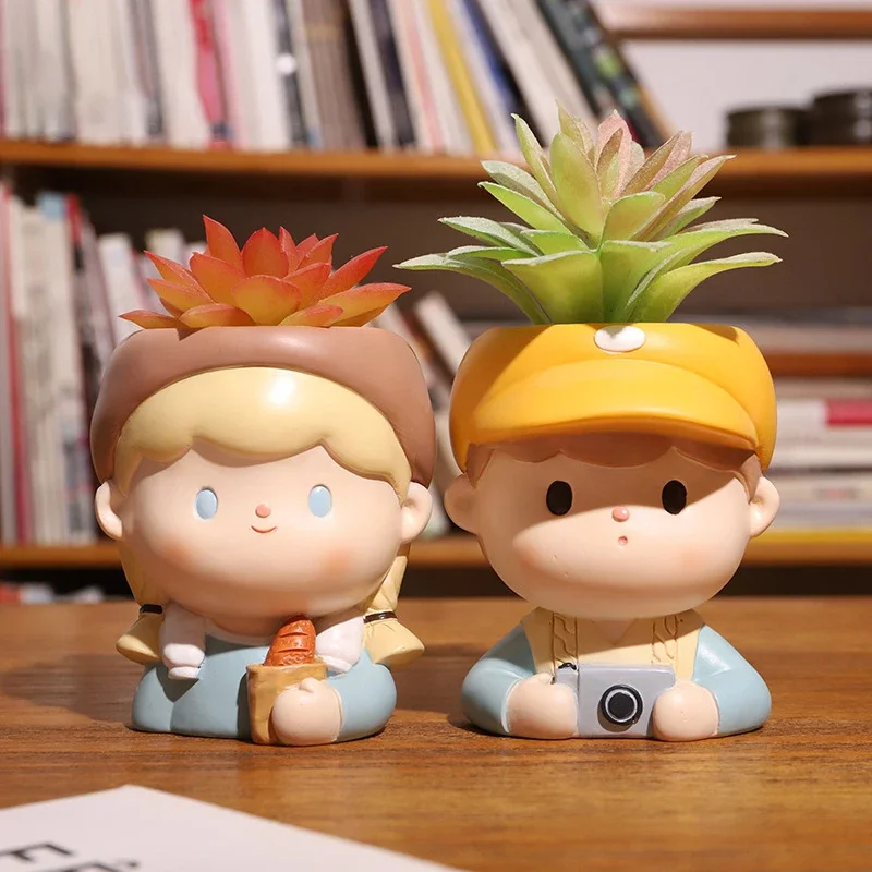 Cartoon Girl & Boy Planter, Cute Flower Pots for Succulents Plants, Fairy Garden Decorative Figurines, Home Tabletop Decor
