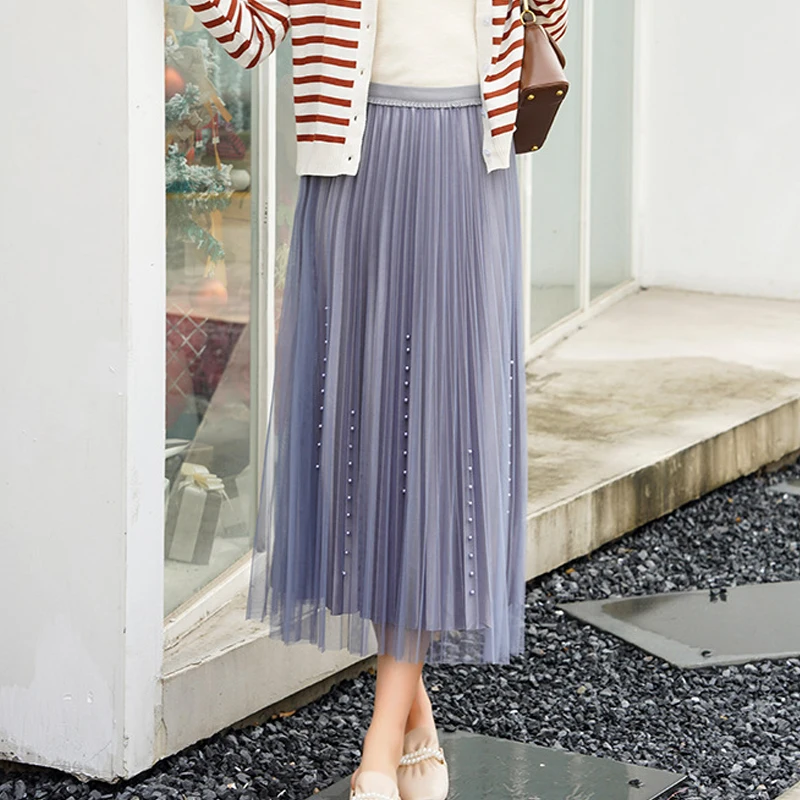 Romantic Double Sides Wear Pleated Skirt Temperament Beaded Gauze Skirt Spring Summer Commuting High Waist Slim Mesh Skirt 24935