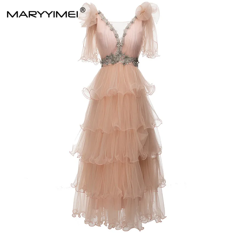 

MARYYIMEI Shawl Sleeve V-Neck Mesh dress Spring Summer Fashion Applique Embroidery Women's Cake Layer Banquet Long Dresses