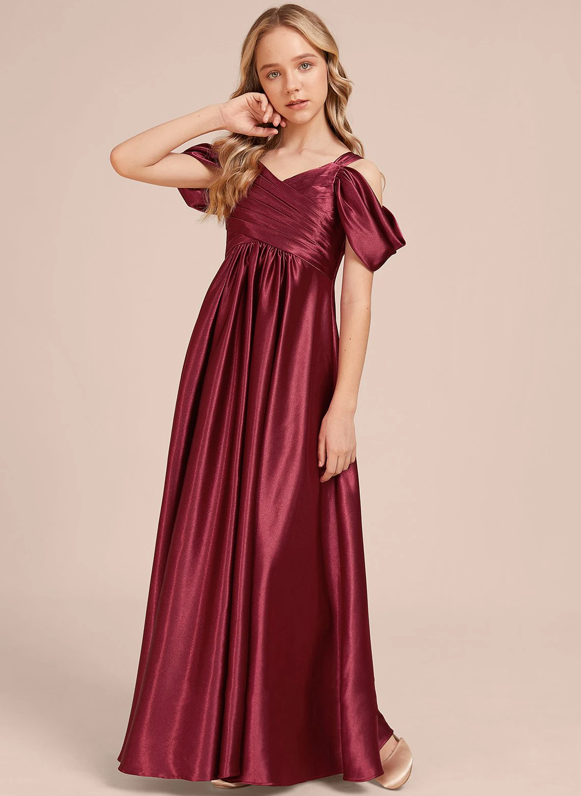 YZYmanualroom A-line Cold Shoulder Floor-Length Stretch Satin Junior Bridesmaid Dress/Customizable