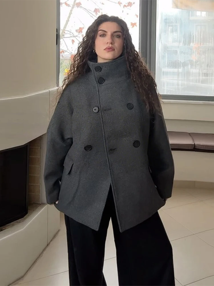 

Double Breasted Oversized Woolen Coat Women High Stand Collar Pockets Raglan Sleeve Coats 2025 Autumn Chic Daily Lady Overcoat