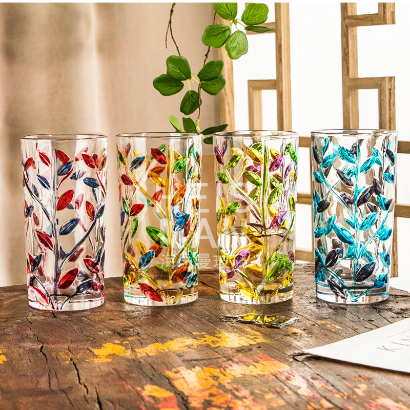 

Creative Hand Painting Branch Glass Carved Water Cup Ins Relief Mulitcolor Leaves Cup