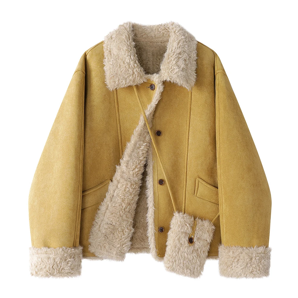 

Women Cropped Faux Suede Jacket Winter Sherpa Lined Short Coat Warm Thick Casual Outerwear