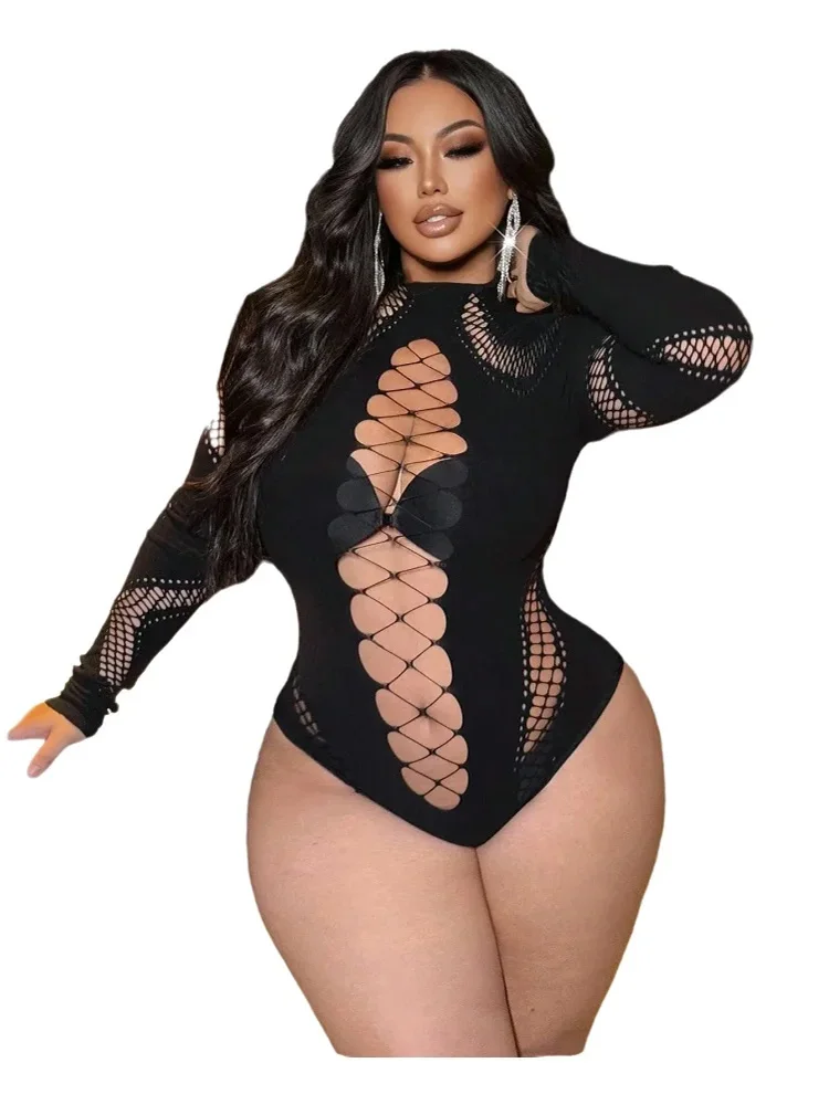 Women's Sexy Bodysuit Solid Color Long Sleeve Ninght Club Wear Hollow Out Fishnet See Through Jumpsuit