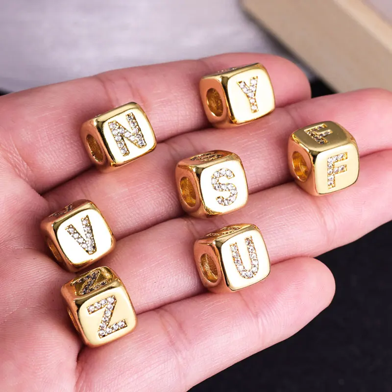 JUYA Copper Zirconia A-Z Letters Beads Cube Loose Spacer Beads For DIY Needlework Beaded Fashion Jewelry Making Accessories