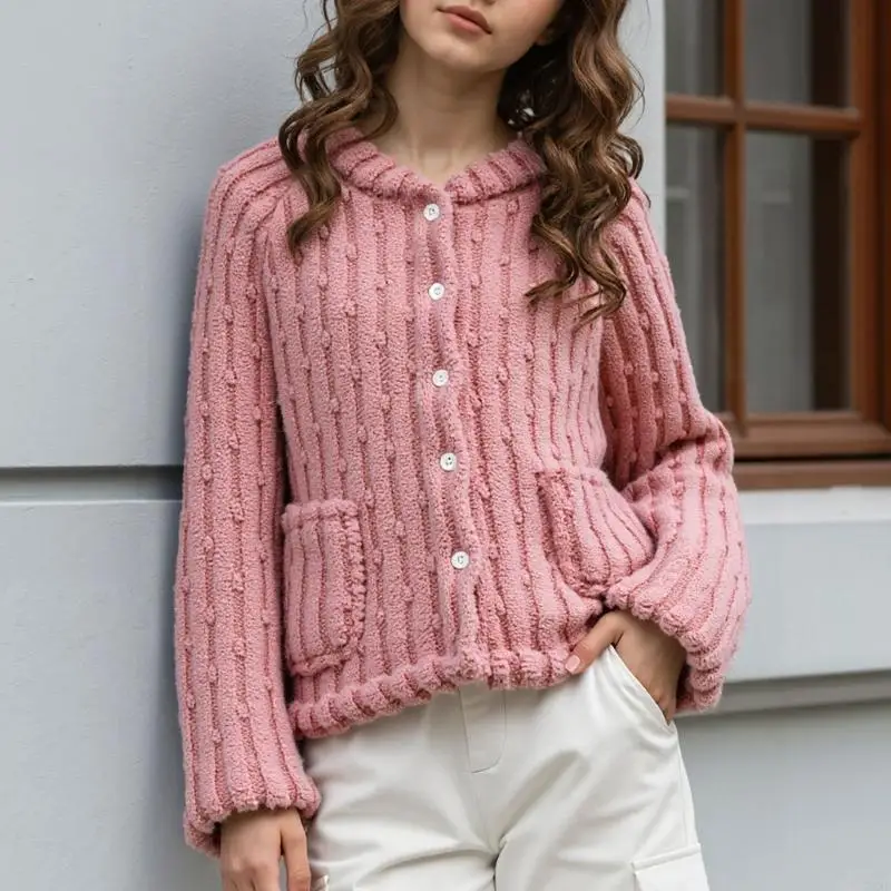 72XE Women's vertical striped ball one-piece top simple and comfortable small stand-up collar cardigan home wear
