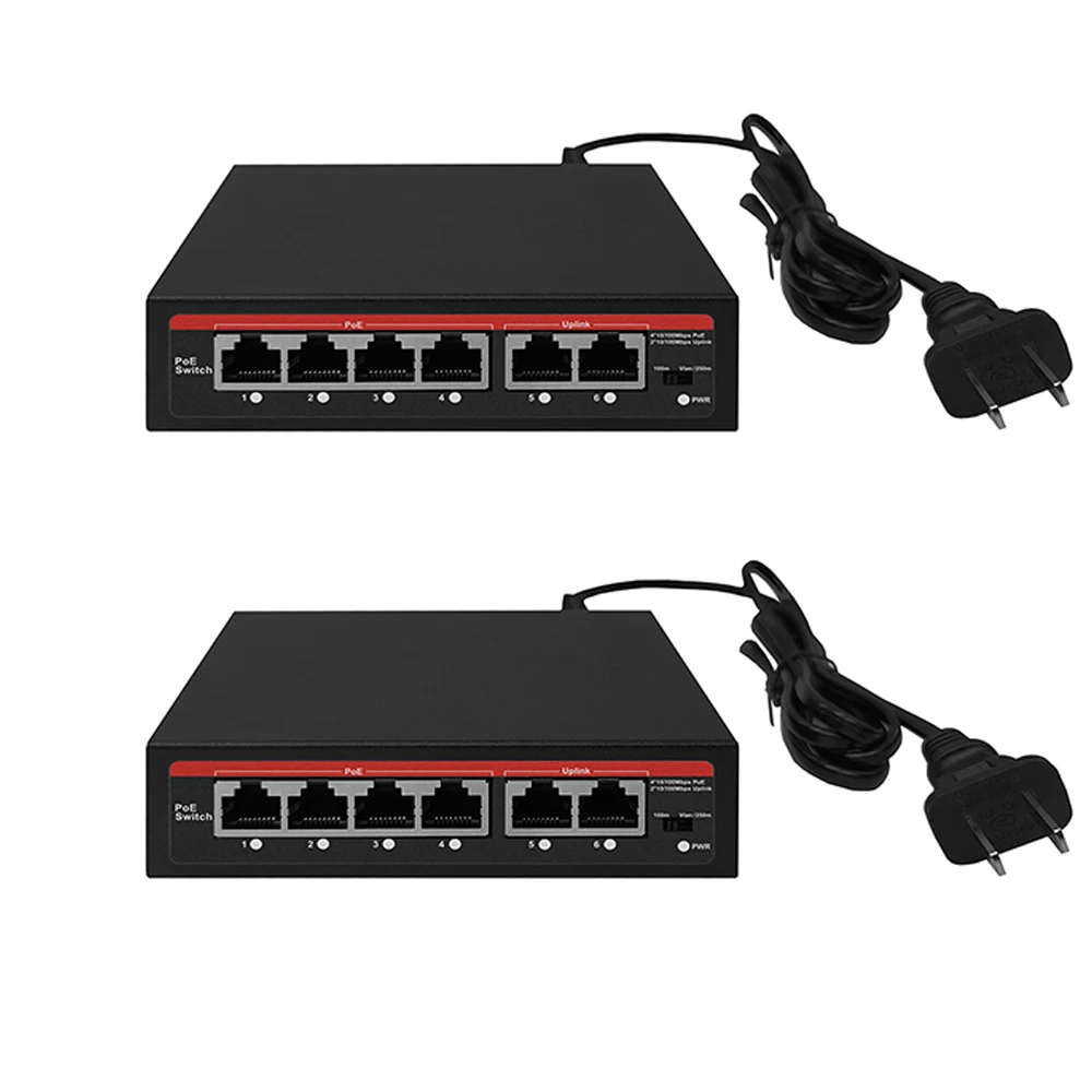 EWIND POE Switch 6 منافذ 10/100Mbps AI Smart Ethernet Switch مع 2 Uplink RJ45 Ports AI Smart Switch لكاميرا IP/نقطة وصول لاسلكية