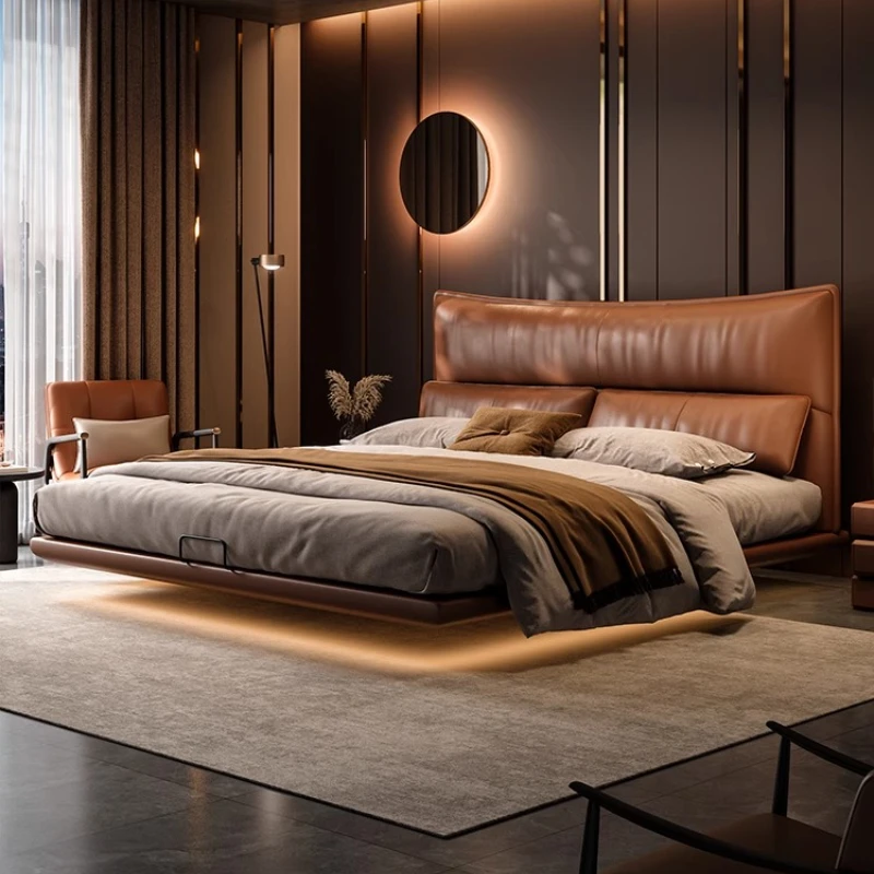 200x220cm Leather Full Size Frame Suspended Bed Master Bedroom Bedss Luxury Headboard Queen King Size Wedding Furniture Home