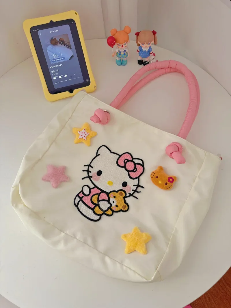 2024 Anime Figure Kitty Canvas Bag Zippered Hello Kitty Student Book Large Capacity Class Tote Bag Shopping Girl Gift