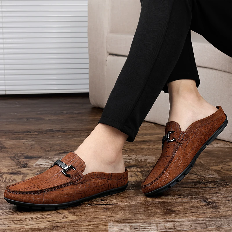 Summer Half Slippers Fashion Driving Shoes Men Shoes Genuine Leather Formal Loafers Slip on Shoes Metal Half Drag Cowhide Shoes