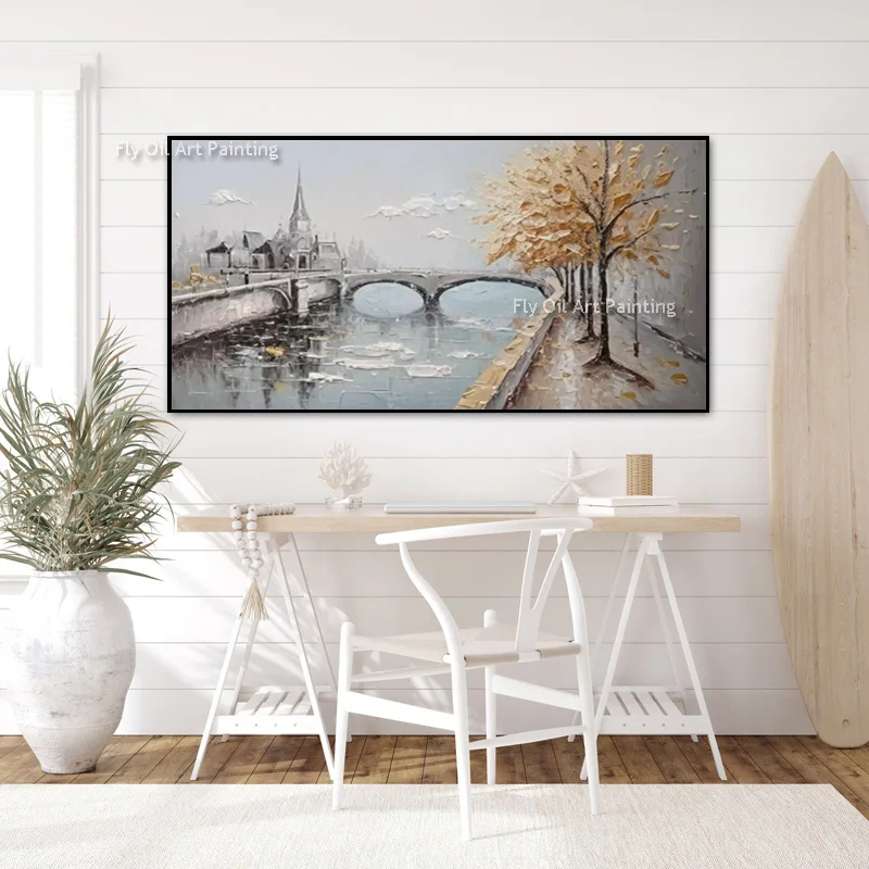 Large Grey Yellow Autumn Cityscape Canvas Thick Artwork Original Design Wall Art New White Gray Forest Landscape Oil Painting