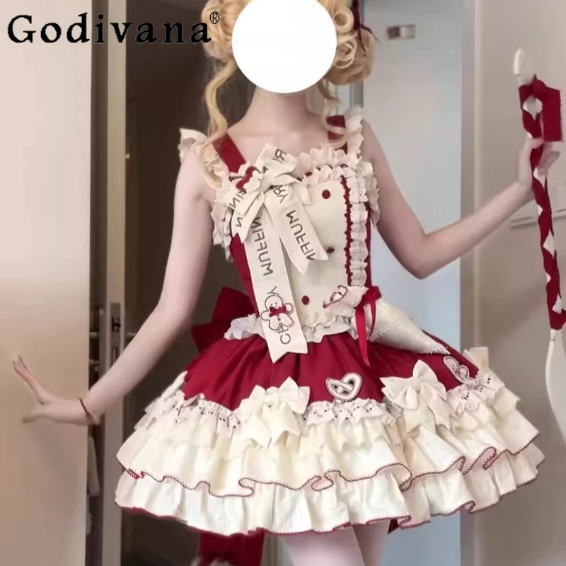 

Японское платье-слинг в стиле лолита, кавайное, летнее, для девочек, приталенное, с милым бантом и кружевом, для дня рождения, косплей, платье принцессы, Vestidos