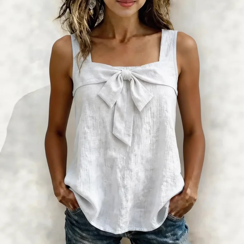 Women Square Neck Sleeveless Tank Tops Front Bow Decor Solid Color Casual Summer Ladies Camisole