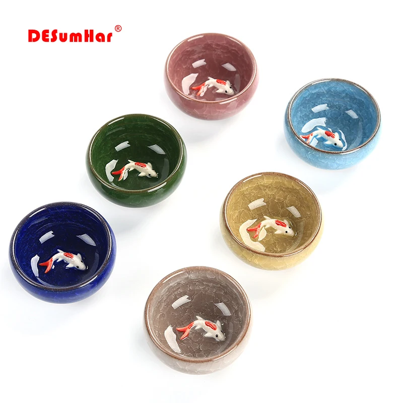 6pcs Ceramic 3D Golden Fish China tea cup set,Crackle Glaze Travel Tea Bowl Chinese Porcelain Teacup Sets Kung Fu Tea Set