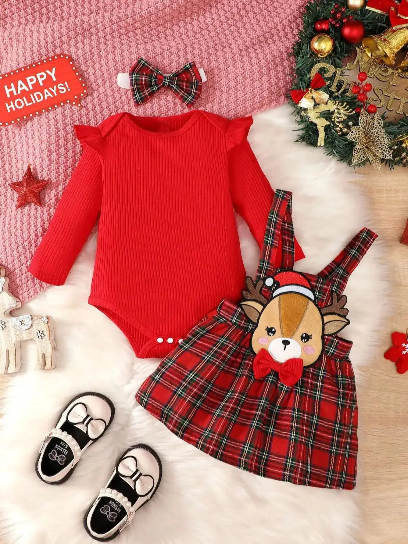 0-2 Year Old Newborn Baby Girls Spring And Autumn Long Sleeved Jumpsuit With Christmas Deer Plaid Strap Dress Fashion Set