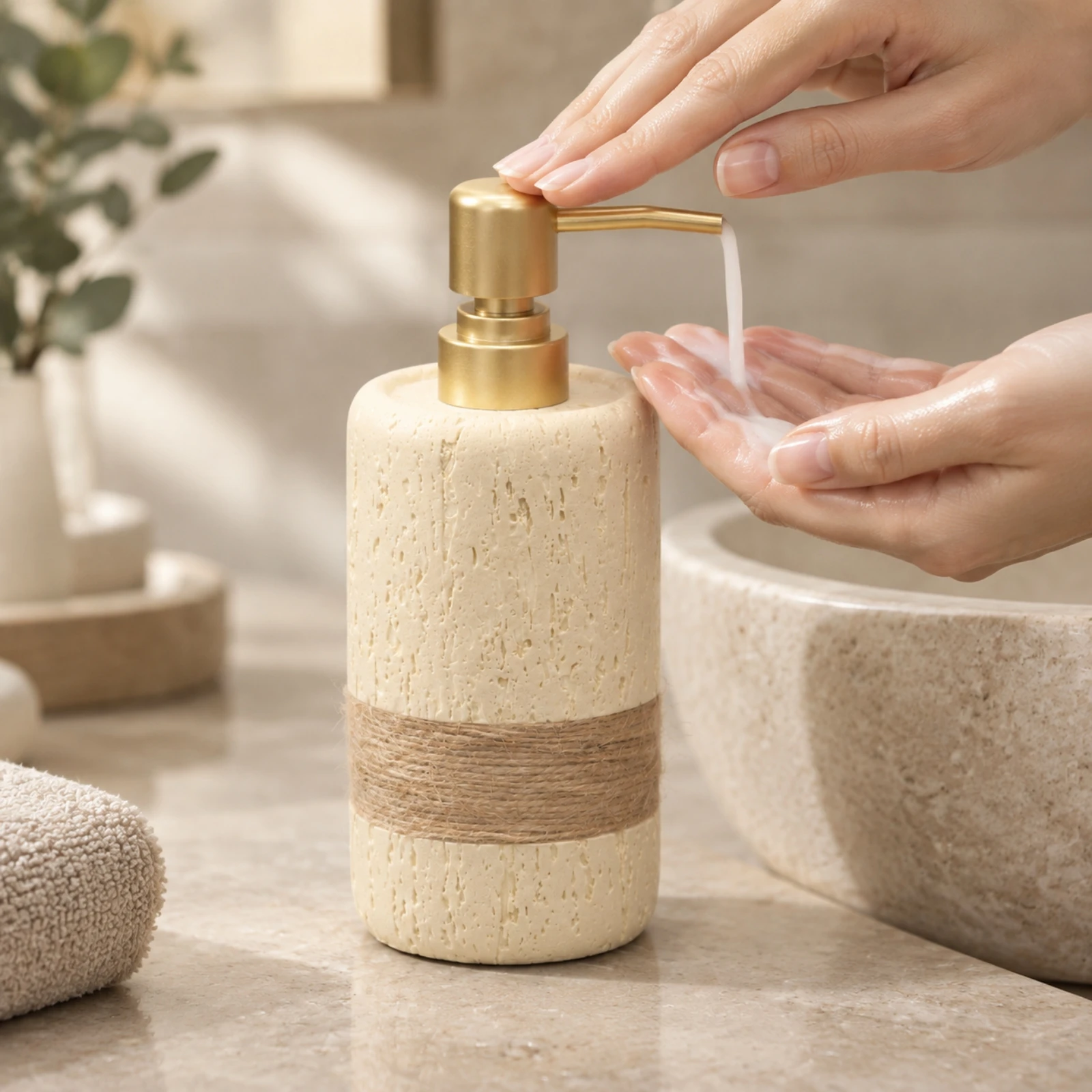 Rustic Stone Pattern Soap Dispenser with Wrapped Jute Fiber Band for Bathroom Vanity Artisan Style