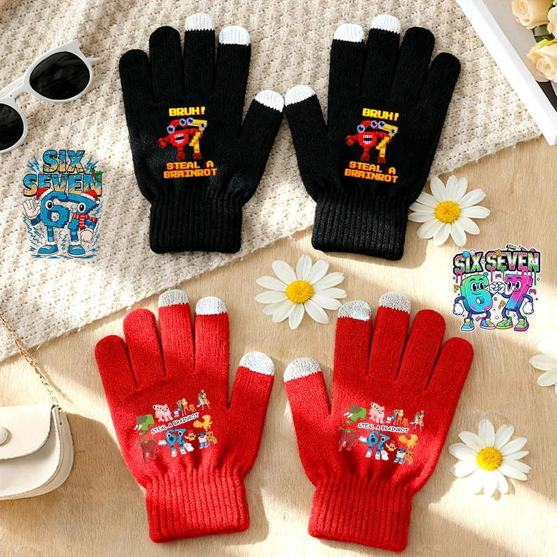 Steal A Brainrot Man Glove Cute Anime Print Boy Outdoor Non-slip Street Casual Finger Winter Warm Knit Glove Kid Party Game Gift