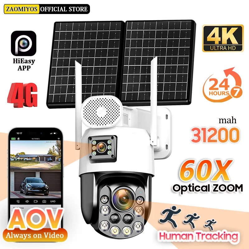 Câmeras de vigilância externas solares 4K 4G Sim 60X Zoom óptico AOV 7/24 Gravação Humana Rastreamento automático Câmera de segurança PTZ HiEasy
