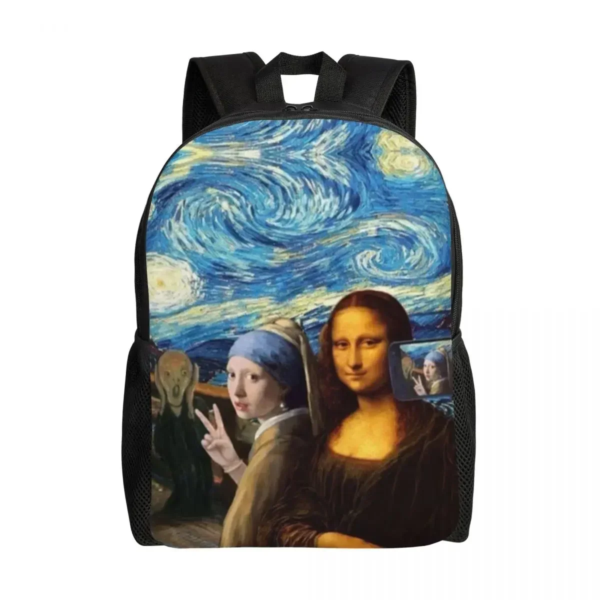 Starry Night By Mona Lisa and Vincent Van Gogh Laptop Backpack Fashion Bookbag for School College Student Art Painting Bag