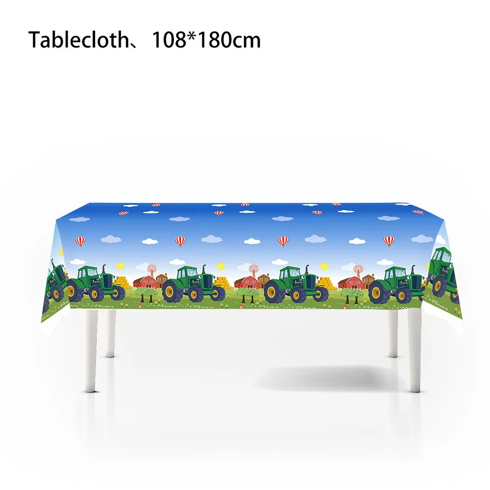 Zestaw dekoracji na urodziny z motywem traktora Green Farm: talerze, kubki, balony, tło z koparką, baner, prezenty dla dzieci.