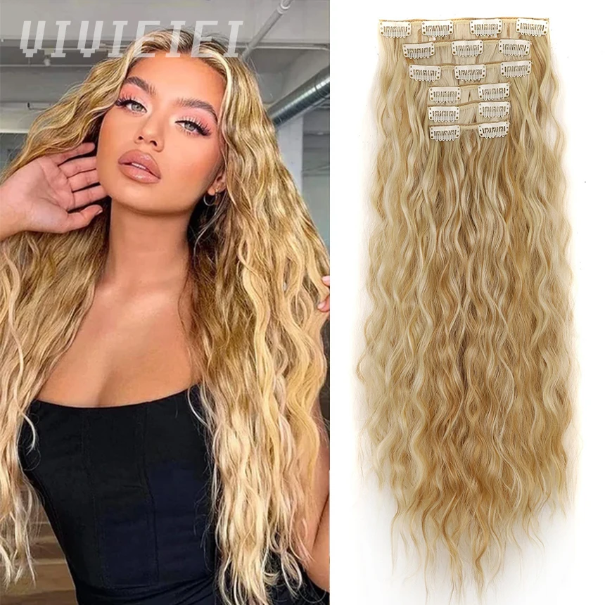 6-Piece Clip Type 16 Clip Synthetic 20Inch Water Wave gold Hair Extension Piece Long Mermaid Curly Synthetic Fiber Women\'s