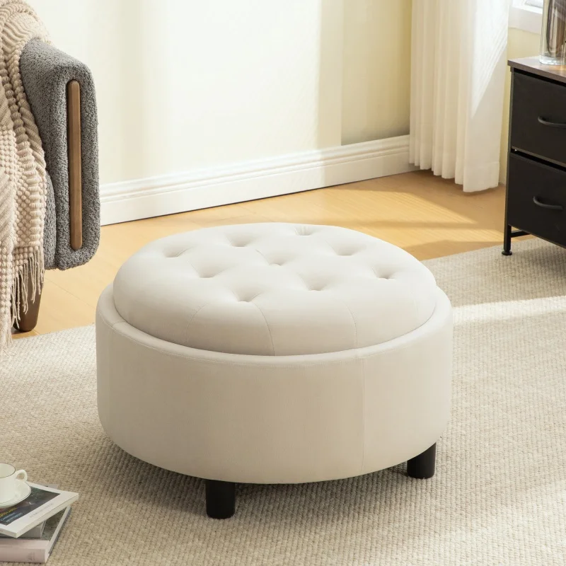 

# Tufted Foldable Modern Round Storage Ottoman With Removable Lid Bench For Living Room Entry Bedroom Fabric