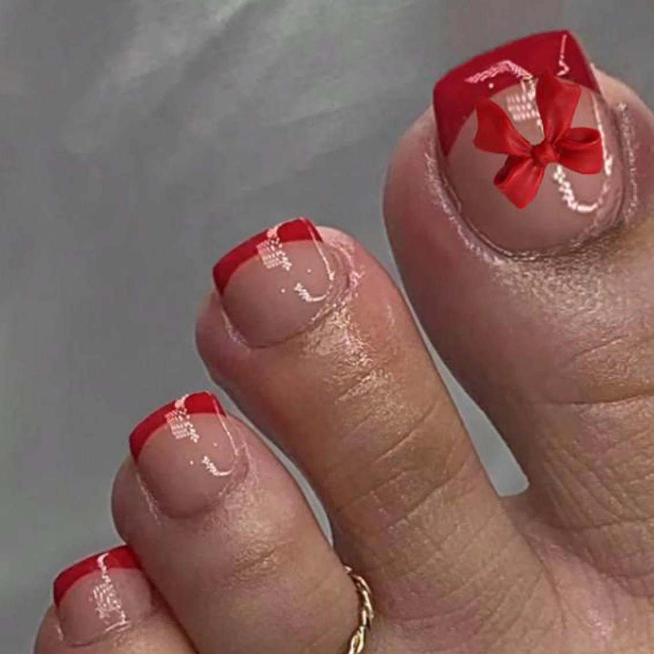 

24pcs Upgrade Your Look With Red edge bow design false toe set 1pc Nail File & 1Nail Glue Sticker Kit Nails