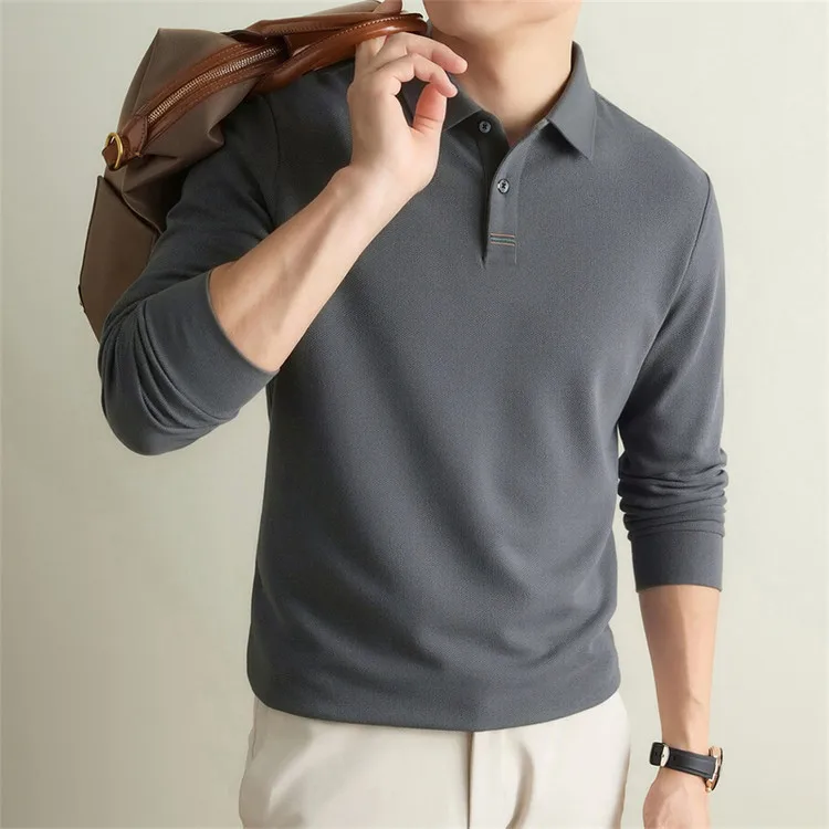 100% Mercerisierte Baumwolle Einfarbiges Business-Casual-Oberteil Herren Old Money Style Langarm-Poloshirt – Detail 16