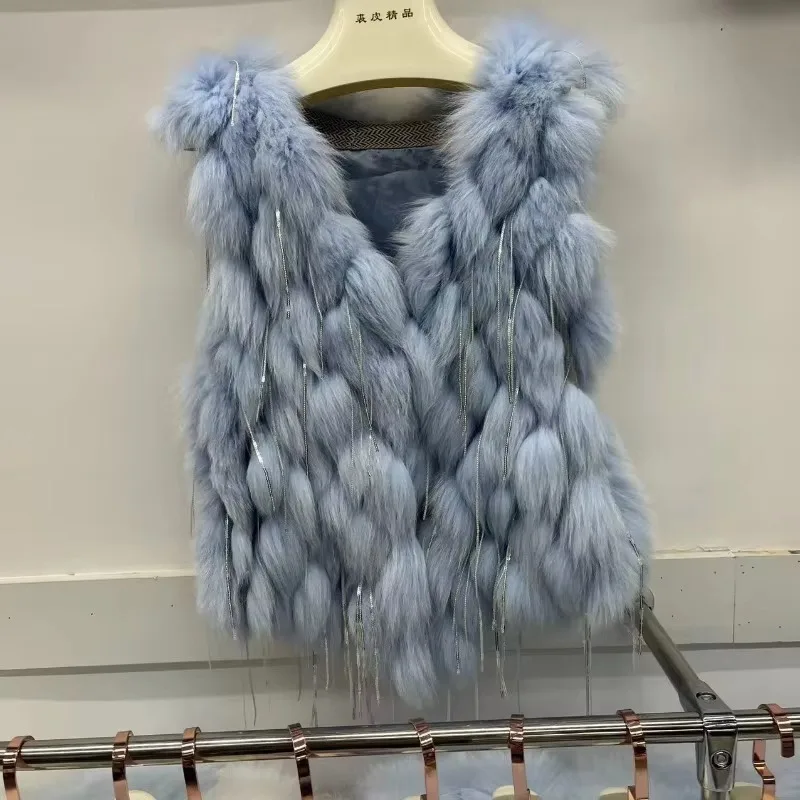 2025 Autumn Spring New Women Imitation Fox Fur Vest Fashion Spokes Tassel Fur Waistcoat Casual Solid Color Warm Short Outwear
