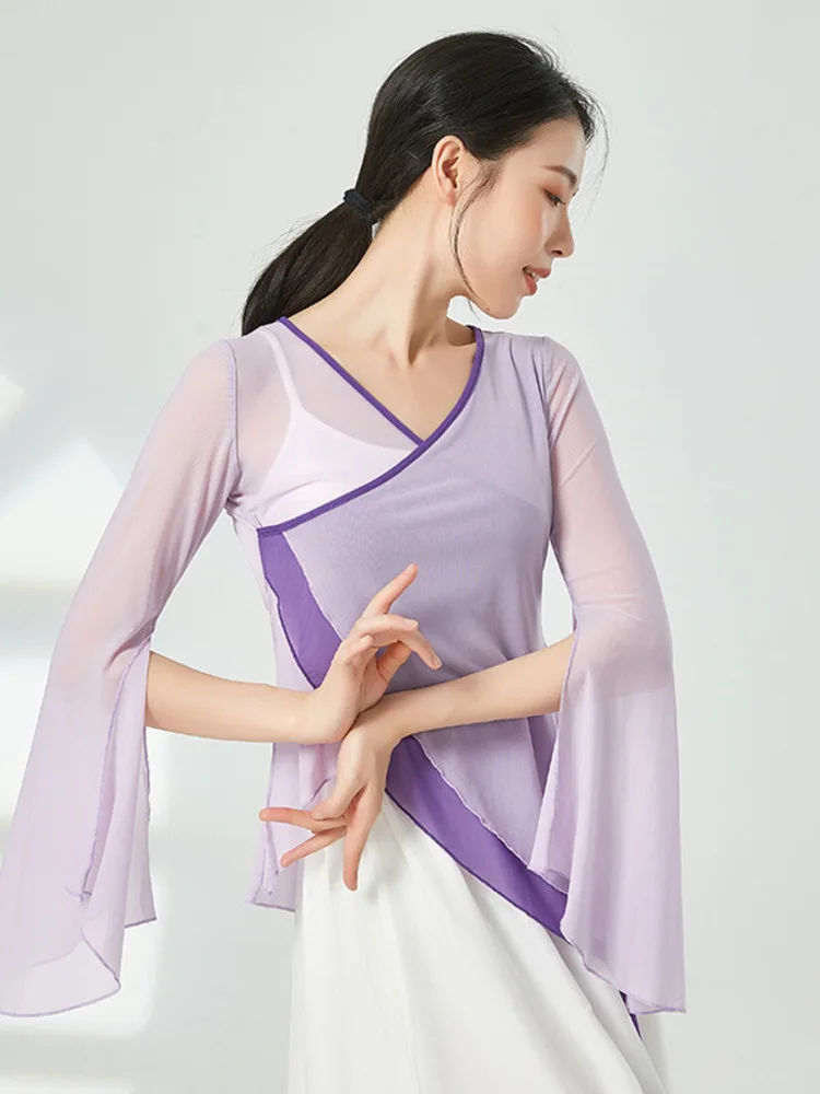 Mesh Adult Costume Latin Dance Women Dancewear Tops Party Jazz Flare Sleeve Sexy Line Modern Hanfu Classical T-shirt 2024 Summer