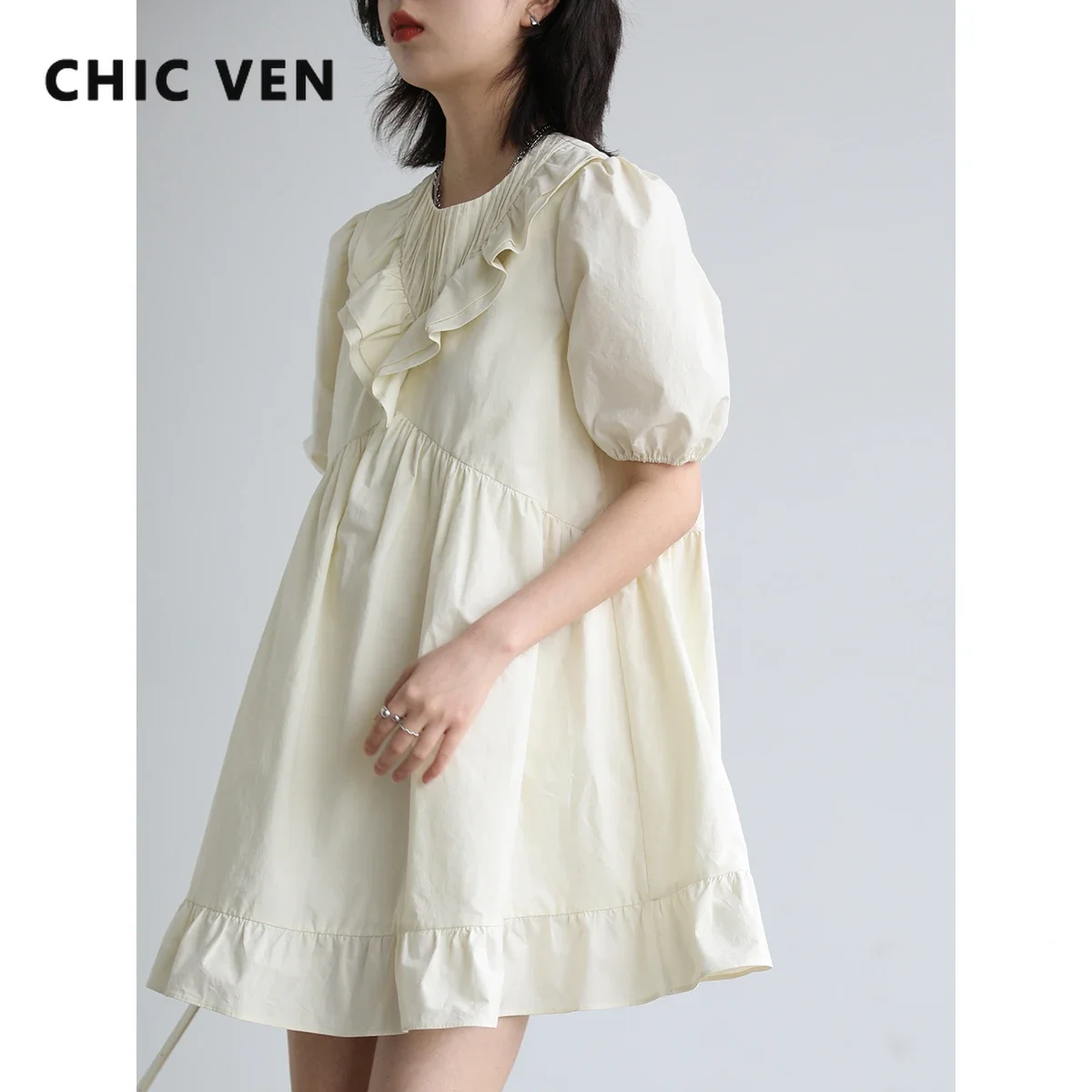 

CHIC VEN Women Dresses Solid White Cotton Puff Sleeve Cascading Ruffle Dress A-LINE Short Sleeve Office Lady Girl Summer 2023