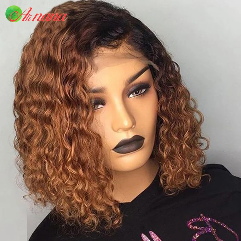 Pelucas de cabello humano brasileño para mujeres negras, pelo rizado con encaje Frontal 13x4, corte Bob corto, color marrón degradado 1B30, predesplumado