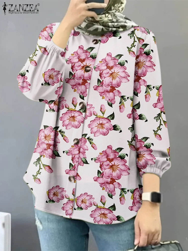 

ZANZEA Floral Print O Neck Chemise Muslim Button Up Loose Casual Lantern Sleeve Shirts Elegant Daily Wear Women Islamic Tops