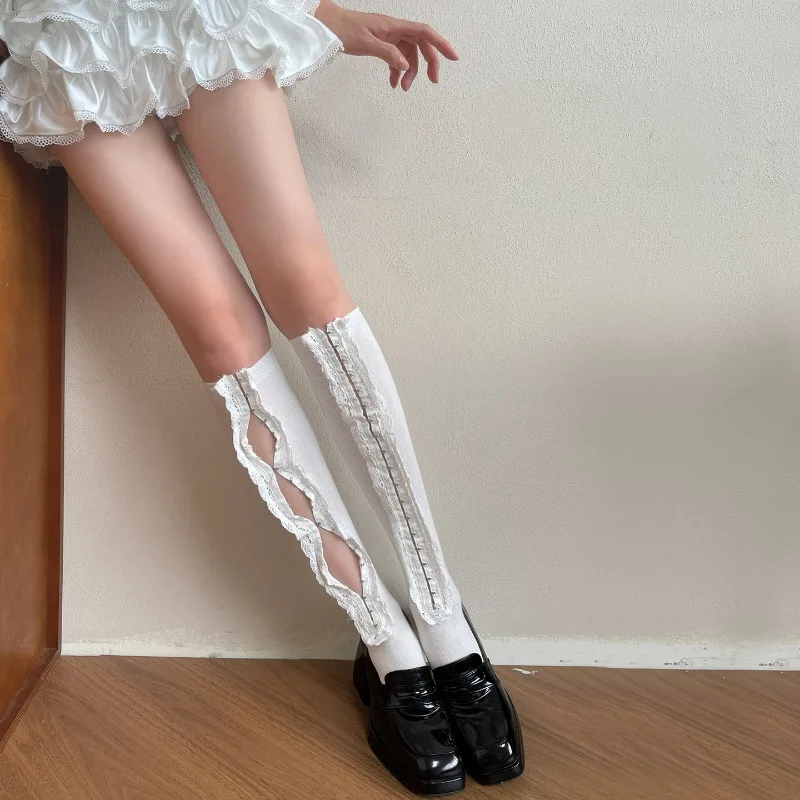 2025 Autumn New Millennium Y2K Stockings Hot Girl Retro Underwear Buckle Lace Hollow Unique Design Long Tube Calf Pile Socks