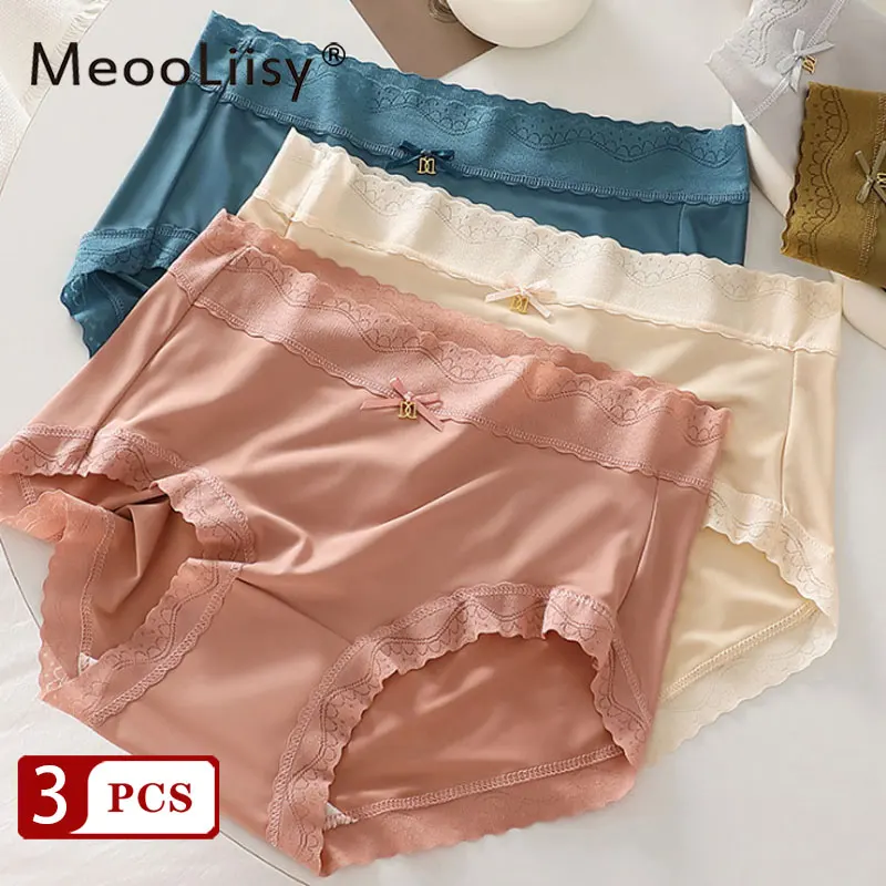 MeooLiisy 3PCS Seamless Ice Silk Panties for Women Soft Comfort  Briefs Solid Color Mid Waist Underwear Underpants Panty Lady