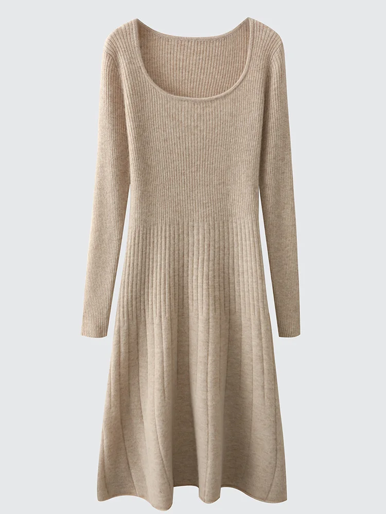 

Women 100% Pure Wool Knitted Pullover Dress Autumn Winter Soild O-neck Elegant Slim Fit Mid-calf Skirt Basic Long Sleeve Dress