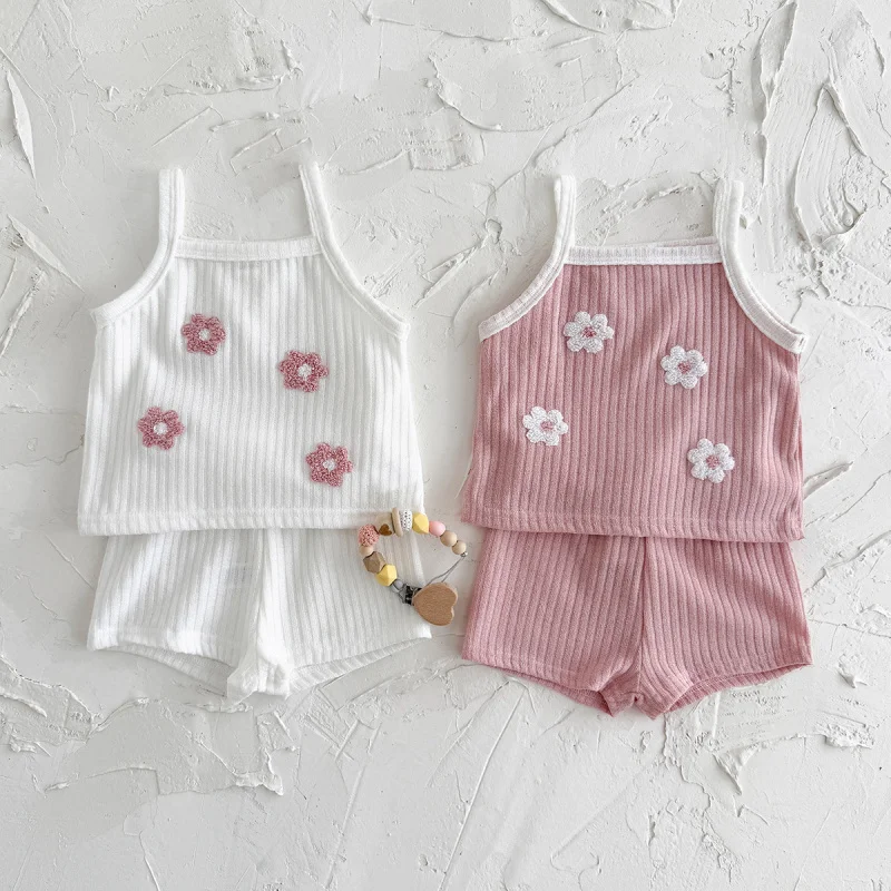 

Infant Sleeveless Outfit Children's Clothing Summer Floral Embroidery Square Neck Soft Breathable Two-Piece Set for Girls
