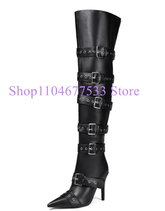 Black Leather Buckle Straps Decor Lady Long Boots Sexy Pointed Toe Thin Heel Woman Over the Knee Boots Large Size Banquet Shoes