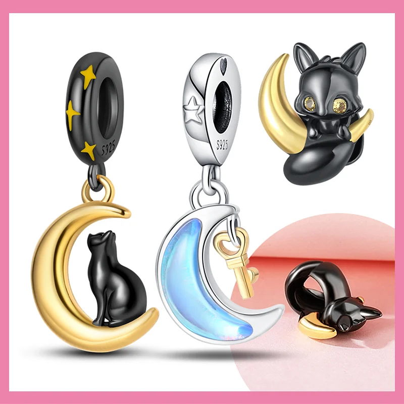 

S925 Silver Black Animals Charms Pet Cat Moon Star Print Dangle Fit Charms Original Bracelet for Women Fine Jewelry Making Gift