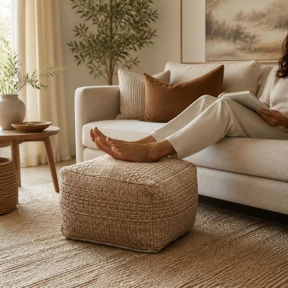 Thick Footstool Cover Unstuffed Color-Woven Jacquard Pouf Ottoman Large Capacity Nordic Futon Cushion Cover Living Room