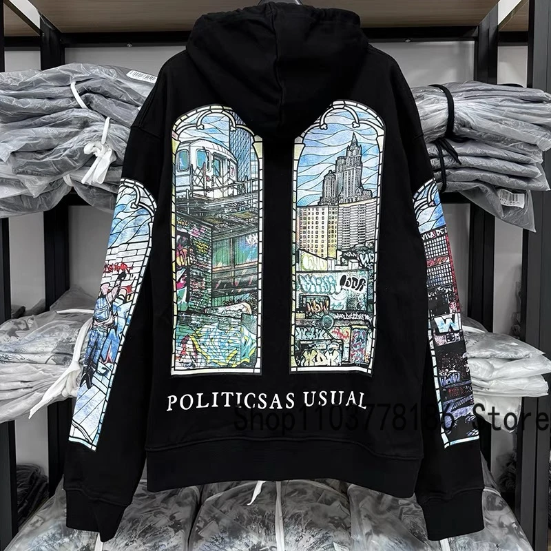 Who Decides War Hooded Sweatshirts Animation City Architecture Letter Printed Pullover Couple Autumn Winter New WDW Hoodie