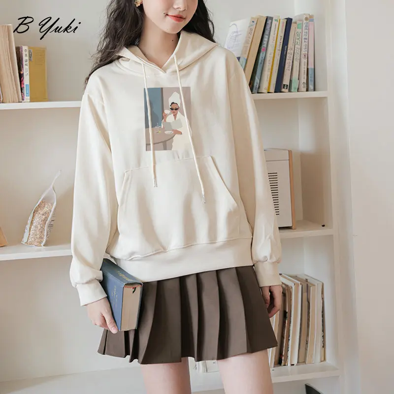 Blessyuki Aesthetic Printed Sweatshirt Women Winter Thick Warm Vintage Cotton Hoodies Female Oversized Casual Harajuku Pulloverd