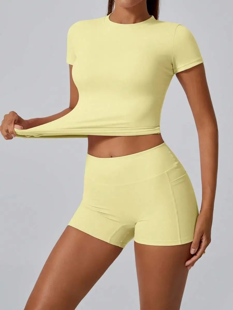 Women's Sweet Sports Short Sleeve High Waist Tummy Control Butt Lifting Shorts Set