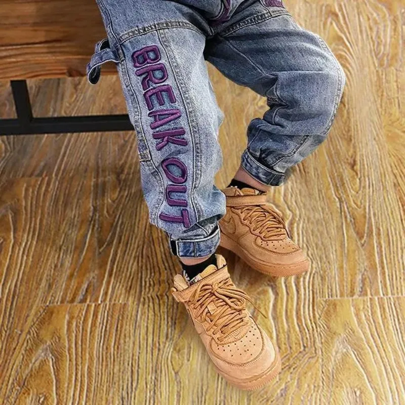 Boys' Korean Style Casual Jeans Spring Autumn Solid Color Western-Letters Pants for Kids