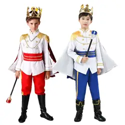The Red Blue King Prince Cosplay Costume Halloween Carnival Boys 7 Piece Prince Crown Scepter Cloak Royalty Suit Clothing