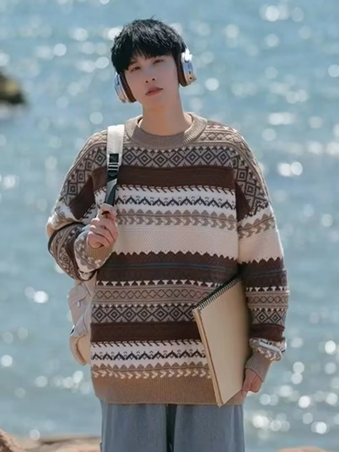 

Мужской свитер в полоску большого размера Ne, винтажный цветной дизайн Blo, вязаный топ с ленивым рукавом, модный длинный све, круглый Ne