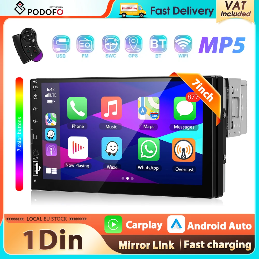 Reproductor MP5 Podofo 1Din con Carplay Inalámbrico, Android Auto, Pantalla LCD de 7'', Reproductor Multimedia, Bluetooth, Mirror Link, FM, EQ, SWC, USB, Audio para Auto