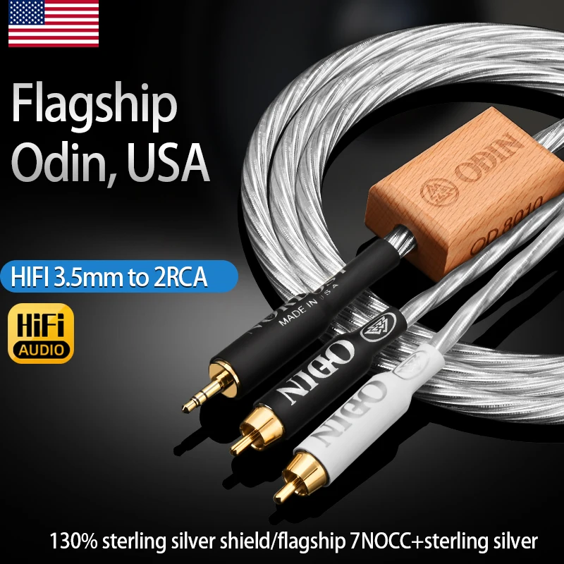 Odin HiFi 3.5 to 2RCA Cable Pure Silver Aux 3.5mm Jack to RCA Male Splitter Y Audio Cable for Amplifiers Home Theater Speakers