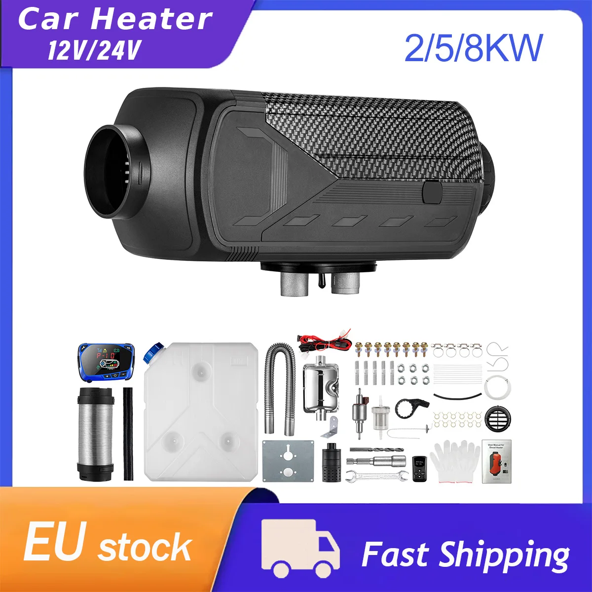 2/5/8KW 12V/24V Diesel Air Heater 10L Tank w LCD Remote Control Thermostat Caravan Diesel Car Heater Motorhome RV for Truck Bus